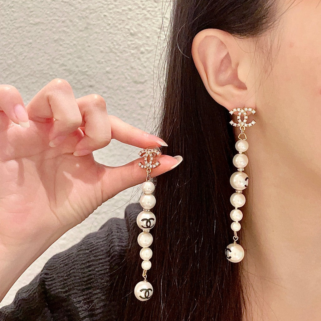Double-C Emblem Pearl-Detail Statement Earrings – Pearl Detail – Design 028 main product view