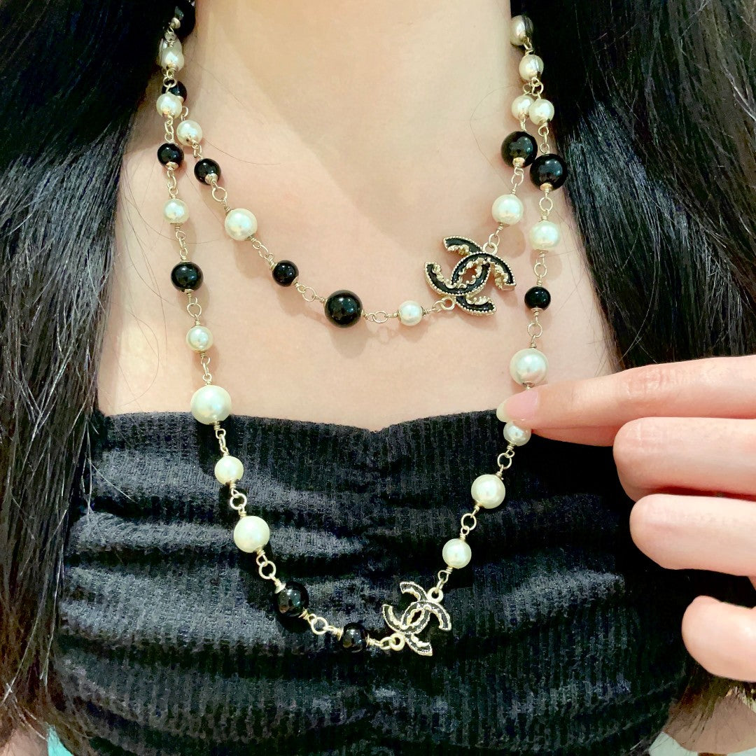 Double-C Emblem Pearl-Detail Pendant Necklace – Pearl Detail – Design 117 front product view