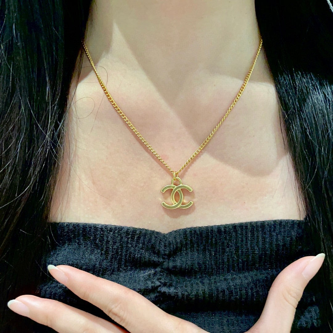 Double-C Emblem Pendant Necklace in Polished Metal-Tone – Design 072 front product view