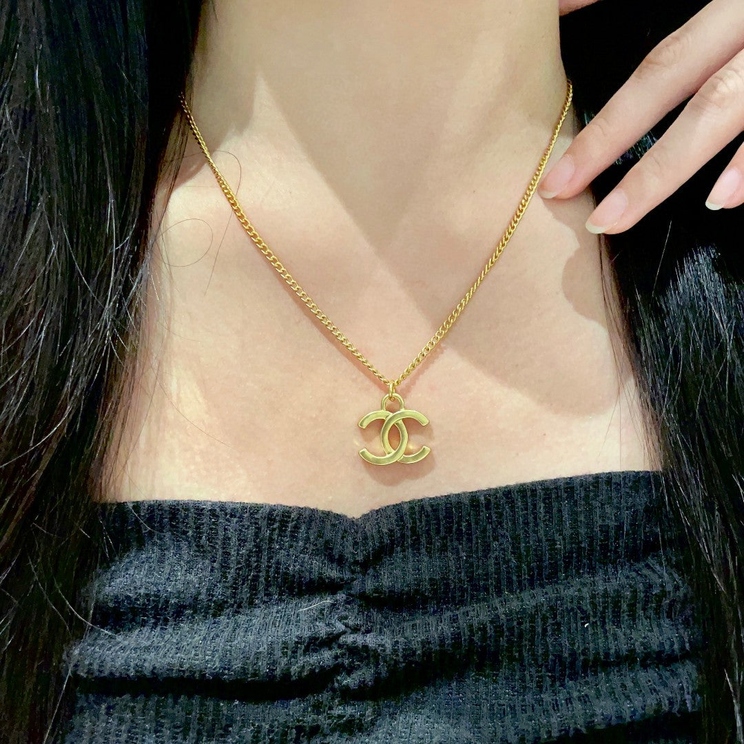 Double-C Emblem Pendant Necklace in Polished Metal-Tone – Design 072 main product view