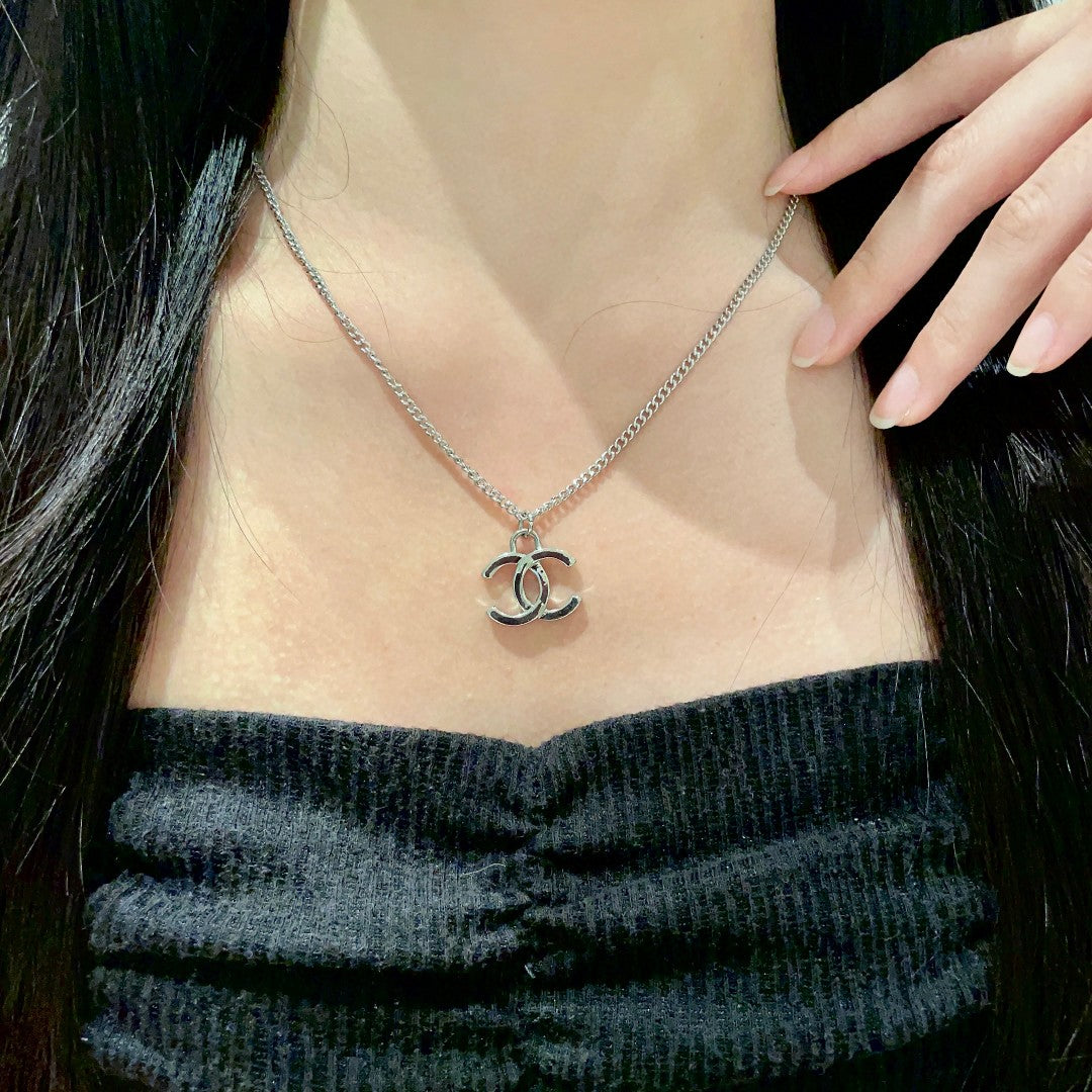 Double-C Emblem Pendant Necklace in Polished Metal-Tone – Design 071 main product view