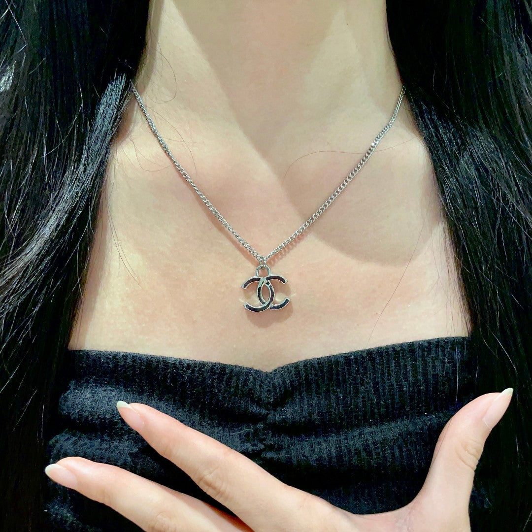 Double-C Emblem Pendant Necklace in Polished Metal-Tone – Design 071 front product view
