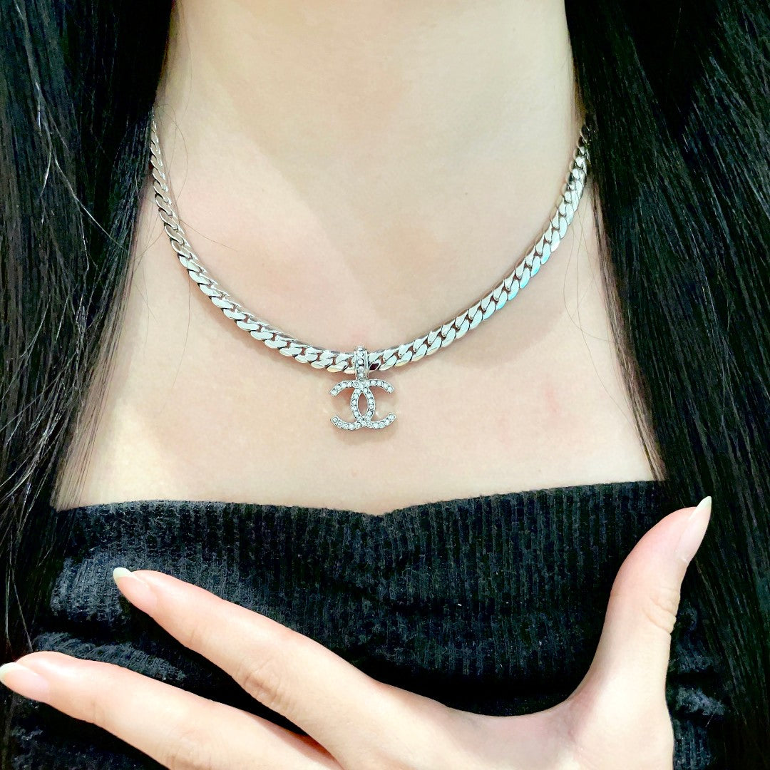 Double-C Emblem Pendant Necklace in Polished Metal-Tone – Design 070 front product view