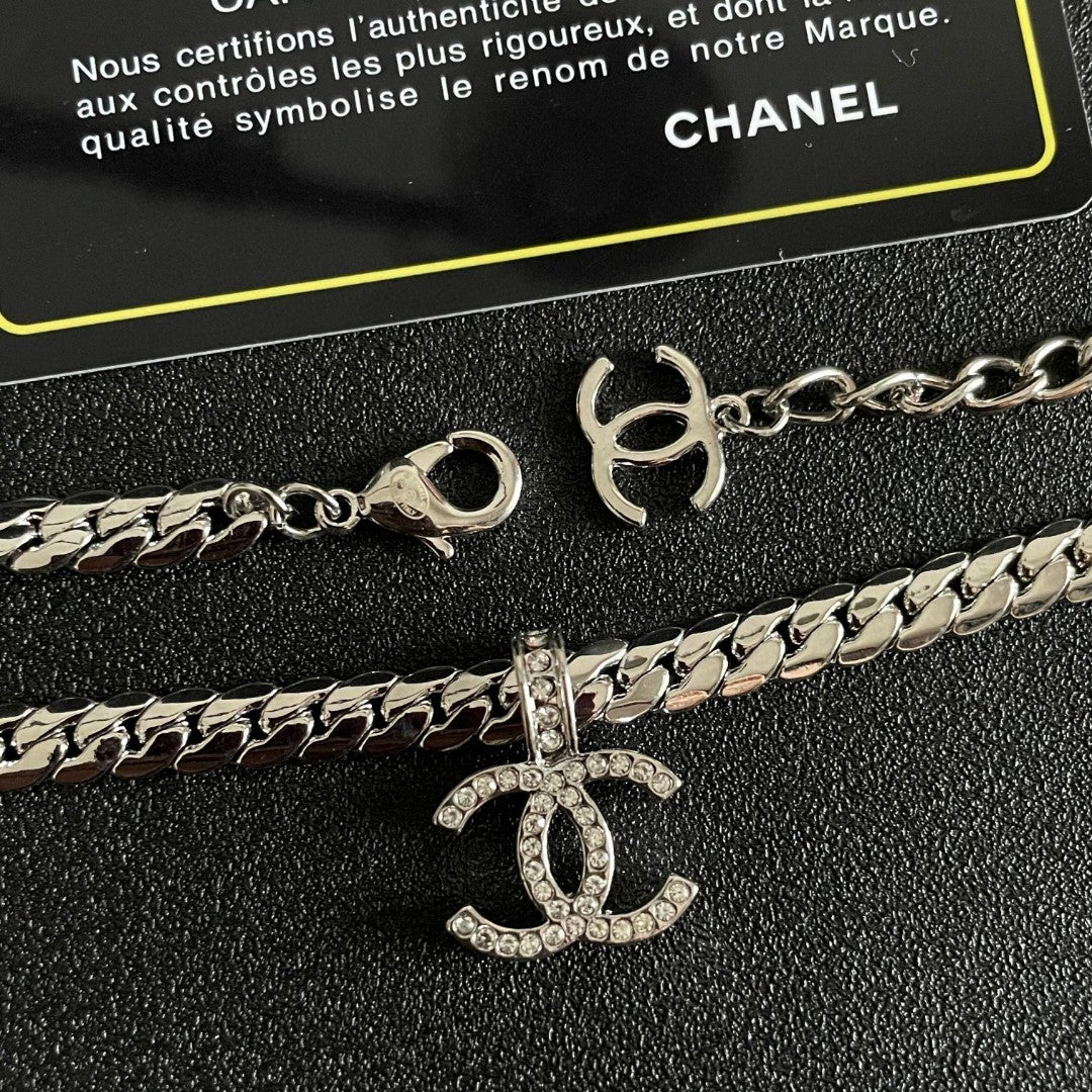 Double-C Emblem Pendant Necklace in Polished Metal-Tone – Design 070 main product view