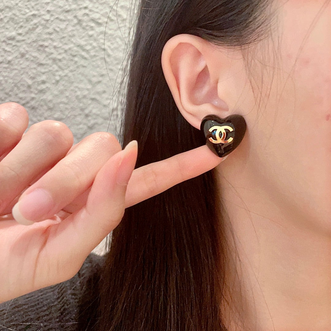 Double-C Emblem Stud Earrings in Polished Metal-Tone – Heart Detail – Design 014 front product view