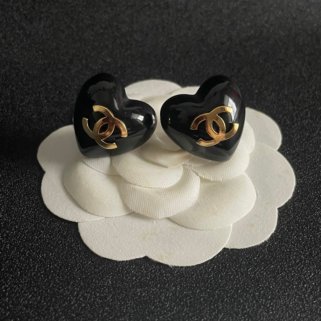 Double-C Emblem Stud Earrings in Polished Metal-Tone – Heart Detail – Design 014 front product view