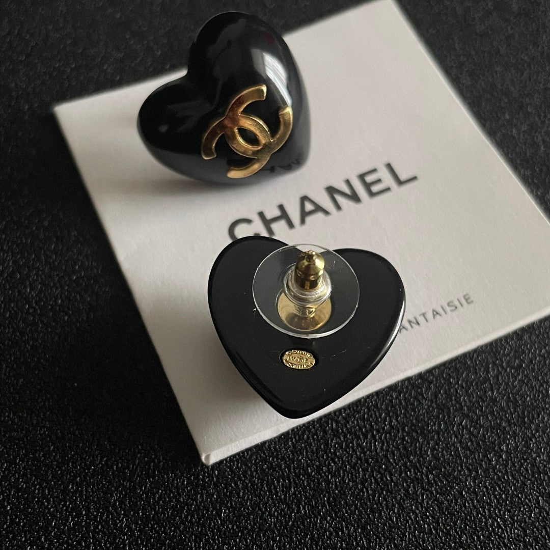 Double-C Emblem Stud Earrings in Polished Metal-Tone – Heart Detail – Design 014 main product view