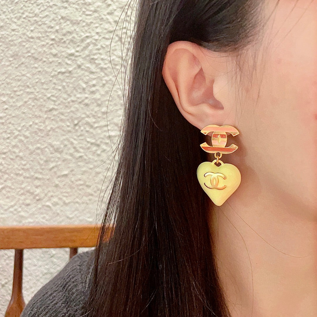 Double-C Emblem Statement Earrings in Polished Metal-Tone – Heart Detail – Design 004 detail view