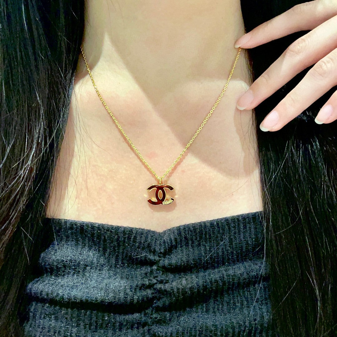 Double-C Emblem Pendant Necklace in Polished Metal-Tone – Design 058 main product view