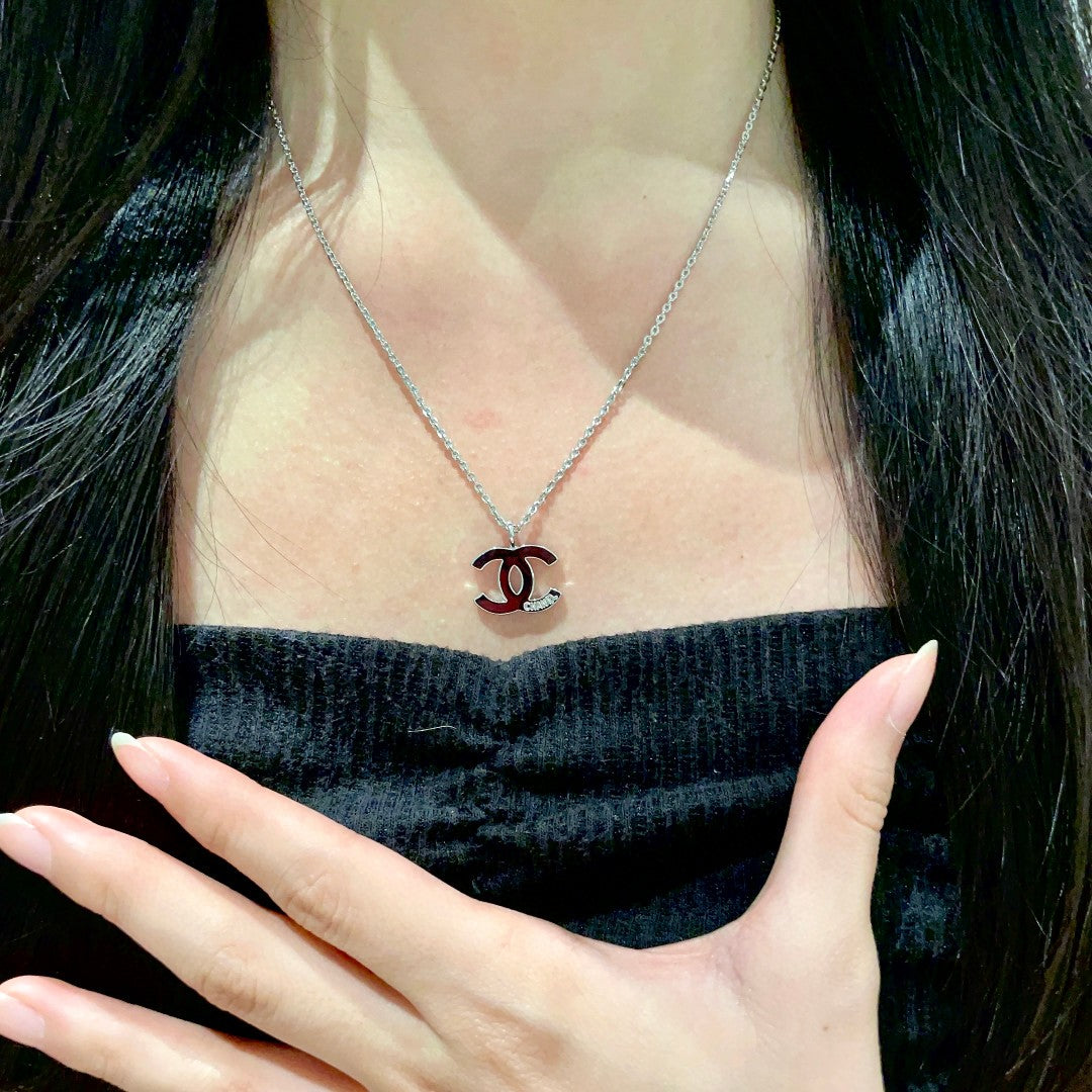 Double-C Emblem Pendant Necklace in Polished Metal-Tone – Design 057 front product view