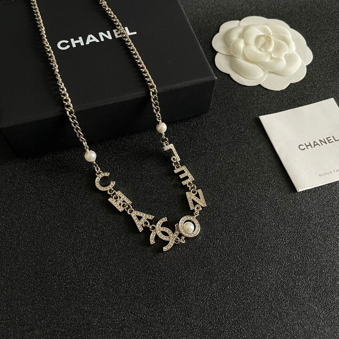 Double-C Emblem Pendant Necklace in Polished Metal-Tone – Design 055 styled product view