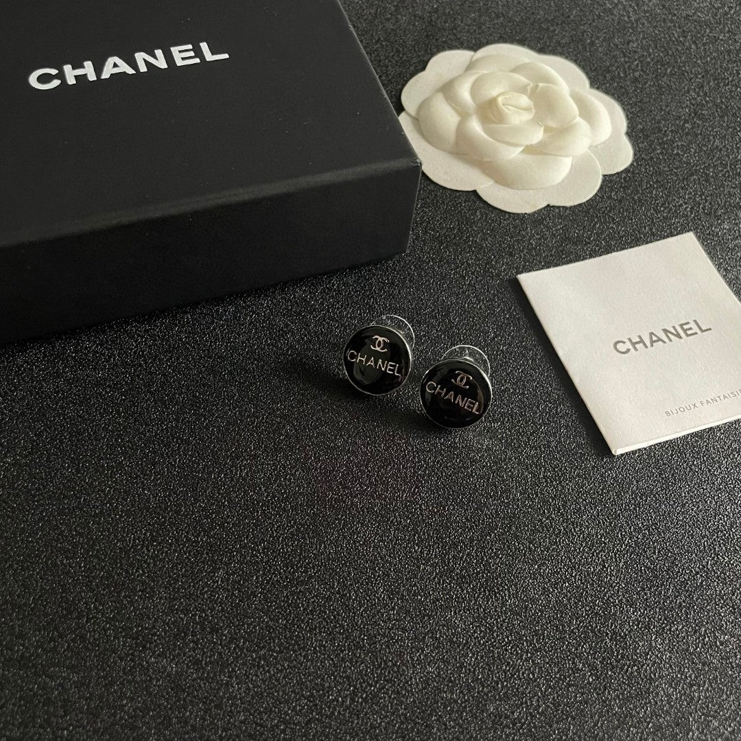 Double-C Emblem Stud Earrings in Polished Metal-Tone – Design 347 styled product view