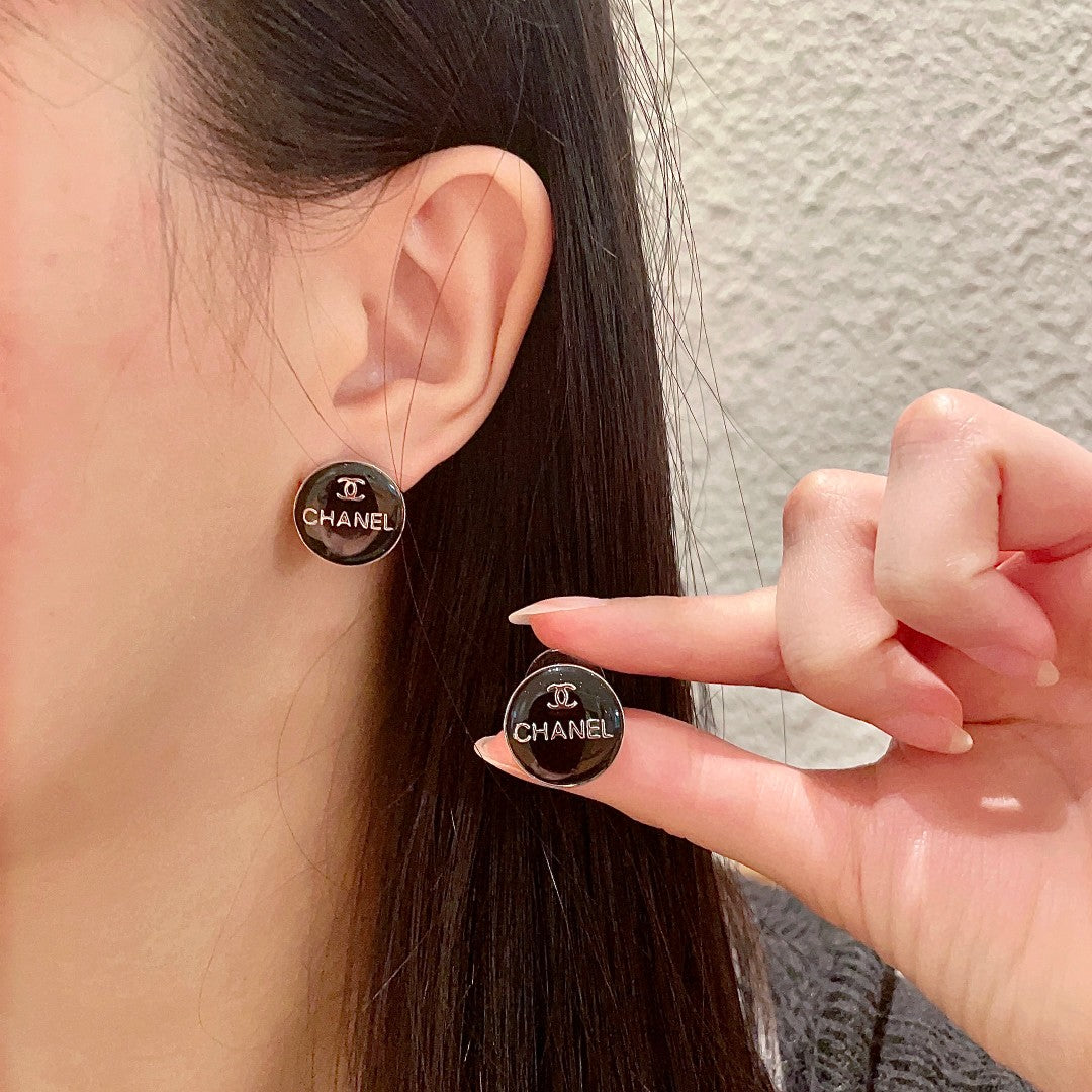 Double-C Emblem Stud Earrings in Polished Metal-Tone – Design 347 main product view