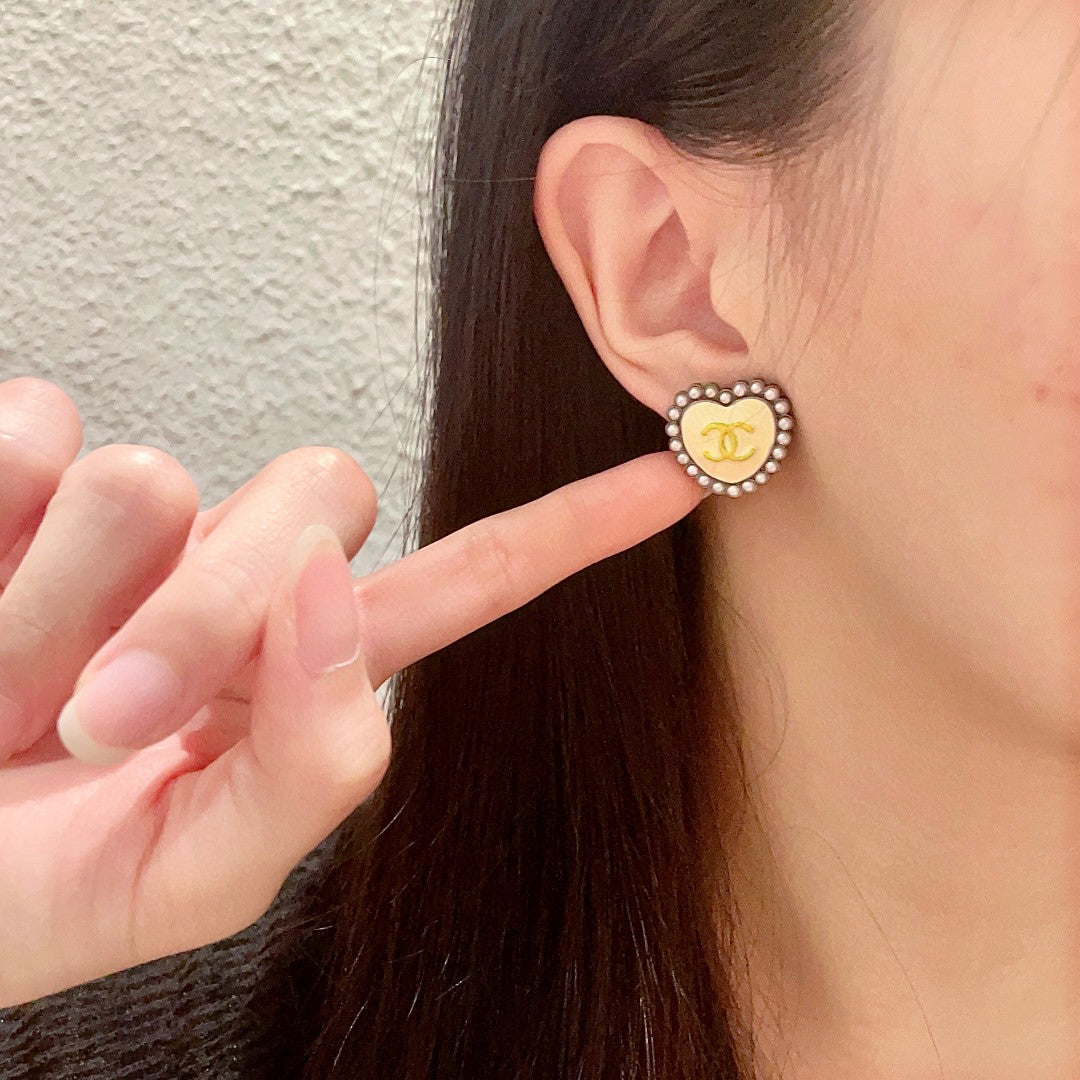 Double-C Emblem Pearl-Detail Stud Earrings – Pearl Detail – Design 019 front product view