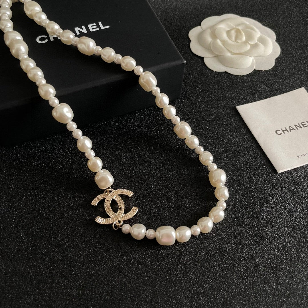 Double-C Emblem Pearl-Detail Pendant Necklace – Pearl Detail – Design 089 styled product view