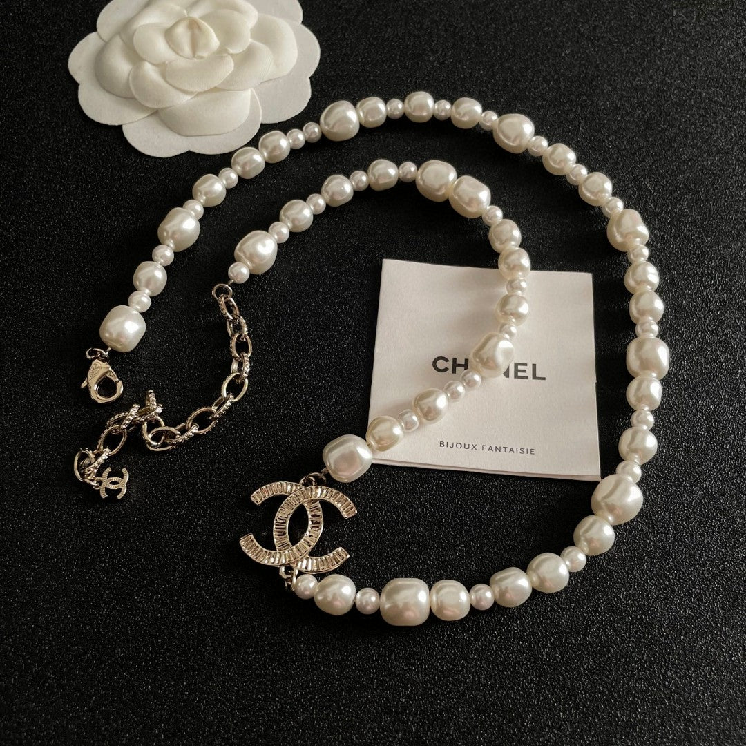 Double-C Emblem Pearl-Detail Pendant Necklace – Pearl Detail – Design 089 front product view