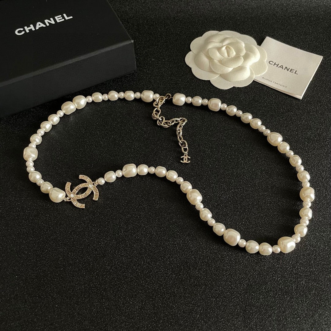 Double-C Emblem Pearl-Detail Pendant Necklace – Pearl Detail – Design 089 detail view