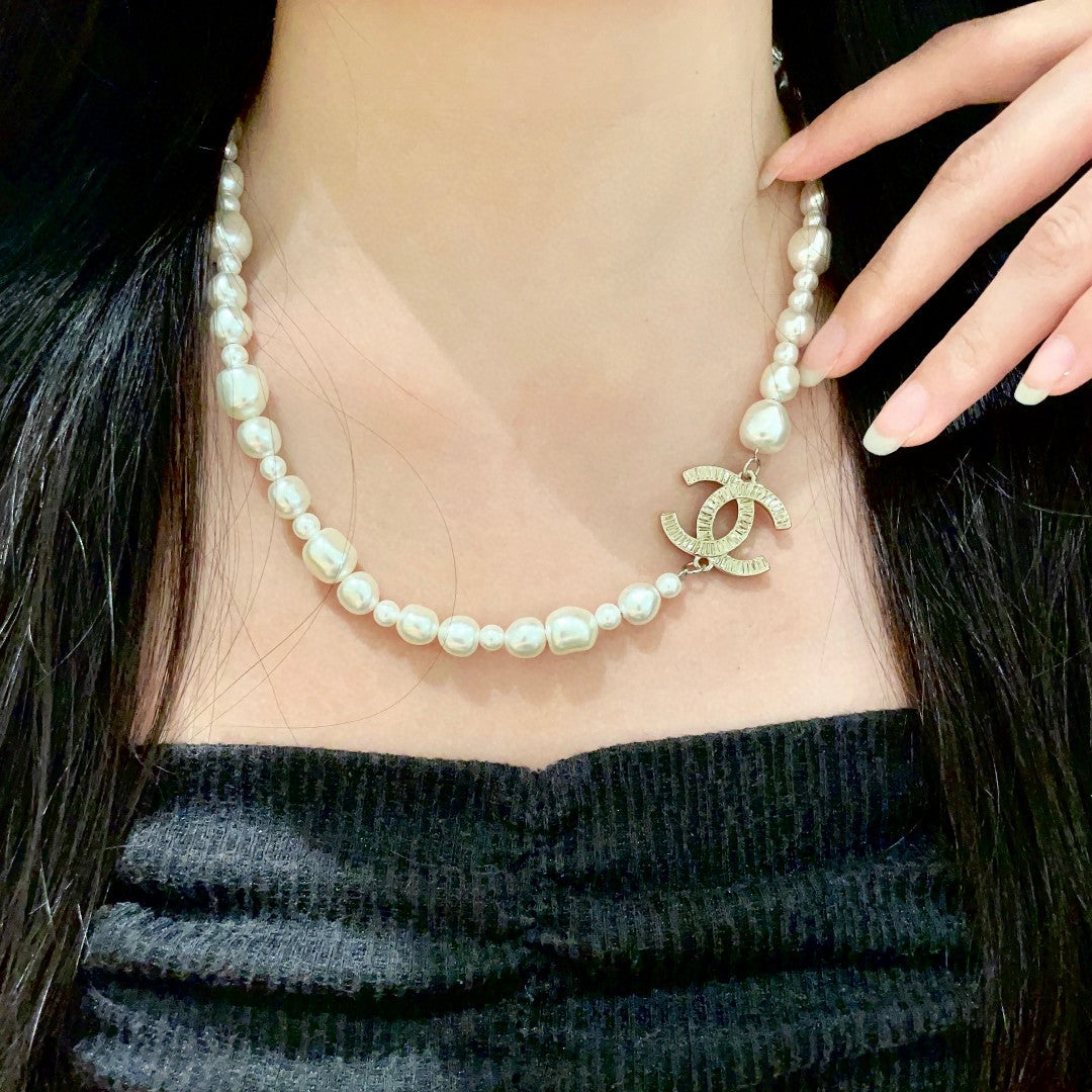 Double-C Emblem Pearl-Detail Pendant Necklace – Pearl Detail – Design 089 main product view