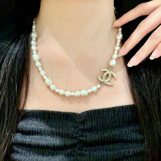 Double-C Emblem Pearl-Detail Pendant Necklace – Pearl Detail – Design 089 main product view