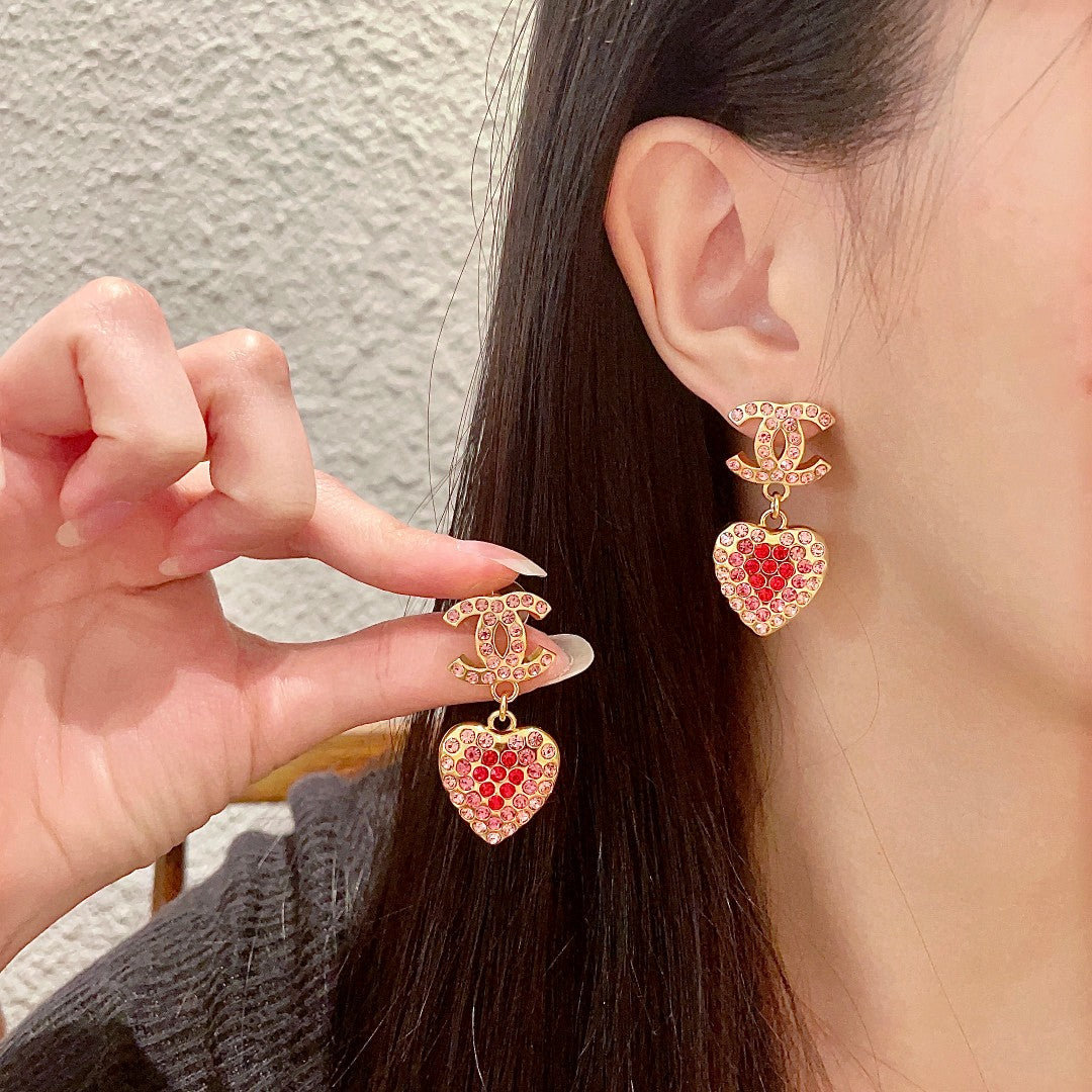 Double-C Emblem Crystal-Accent Statement Earrings – Heart Detail – Design 004 main product view