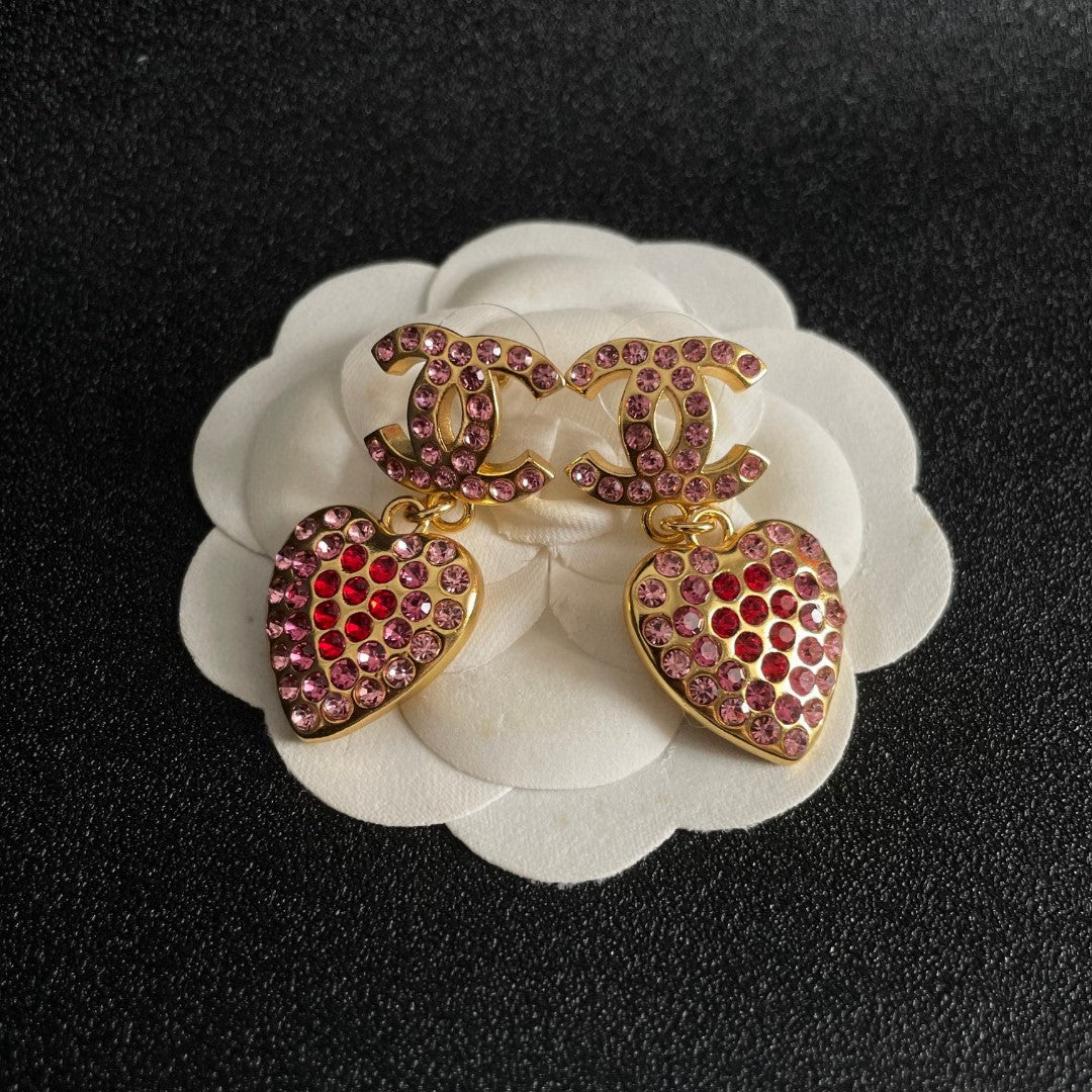 Double-C Emblem Crystal-Accent Statement Earrings – Heart Detail – Design 004 front product view