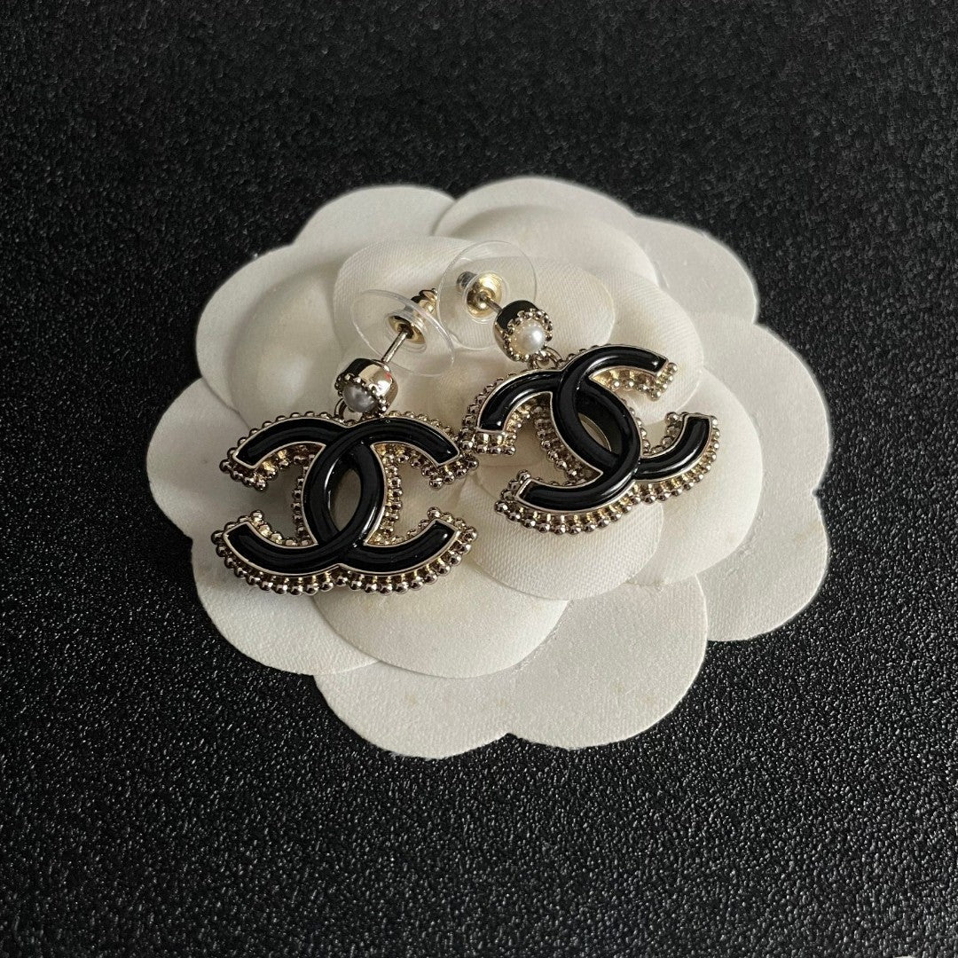 Double-C Emblem Pearl-Detail Statement Earrings – Pearl Detail – Design 022 front product view