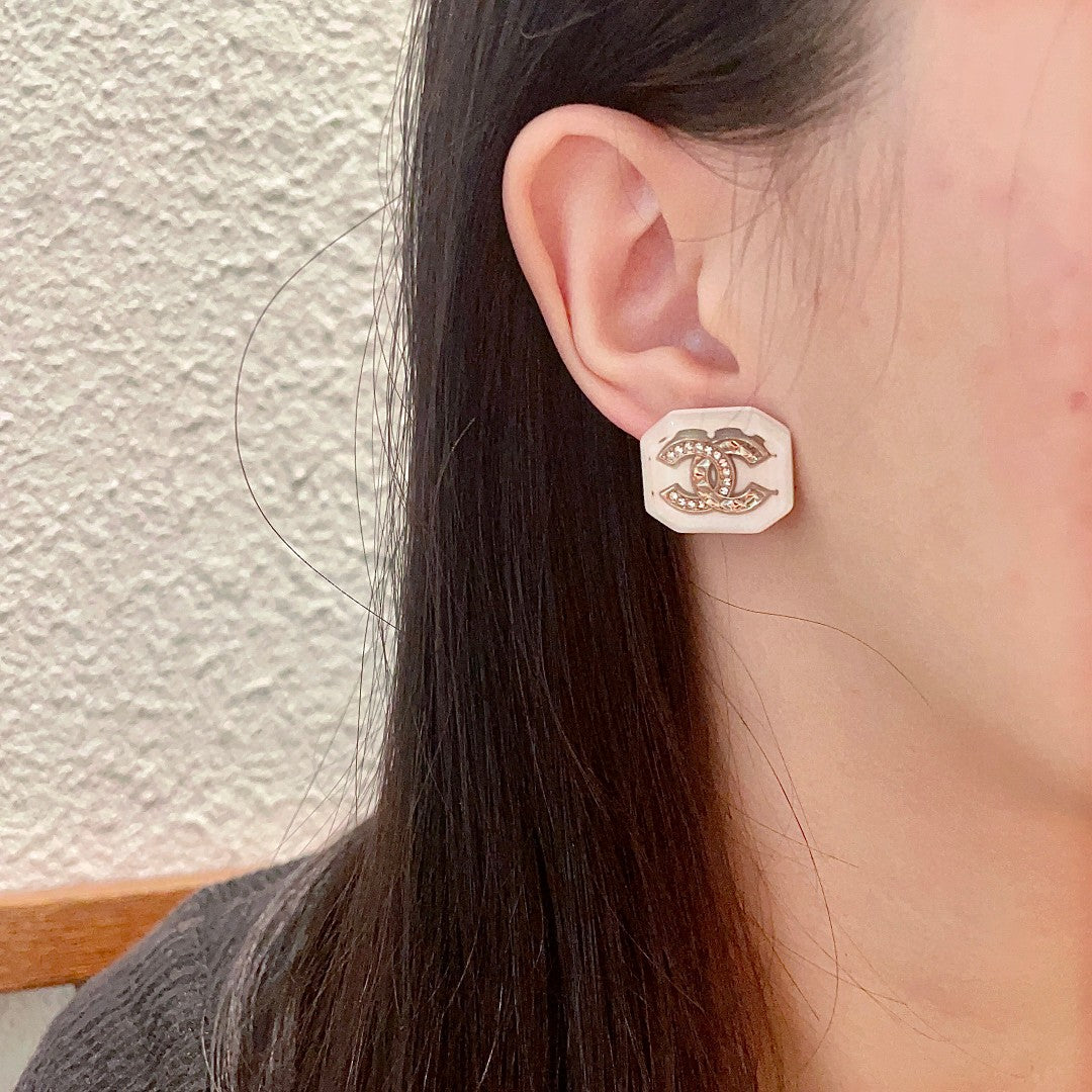 Double-C Emblem Crystal-Accent Stud Earrings – Design 042 detail view