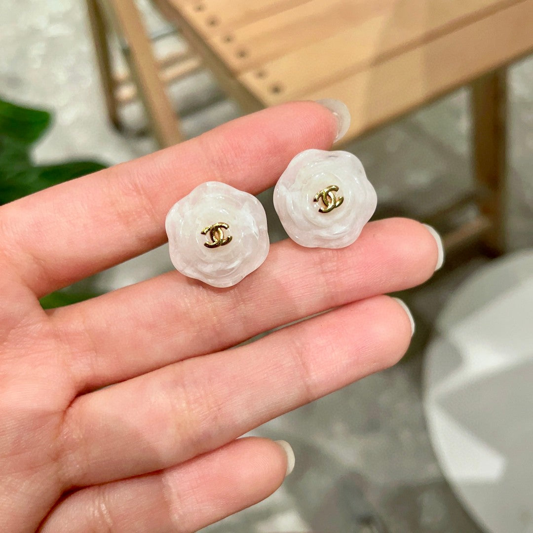 Camellia Stud Earrings in Polished Metal-Tone – Camellia Detail – Design 046 side detail