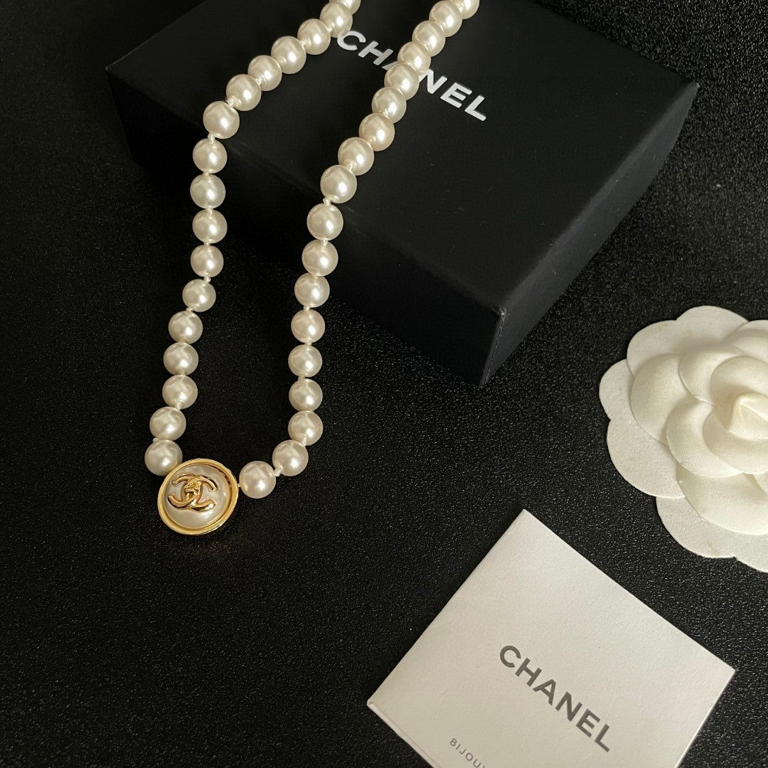 Double-C Emblem Pearl-Detail Pendant Necklace – Pearl Detail – Design 076 styled product view