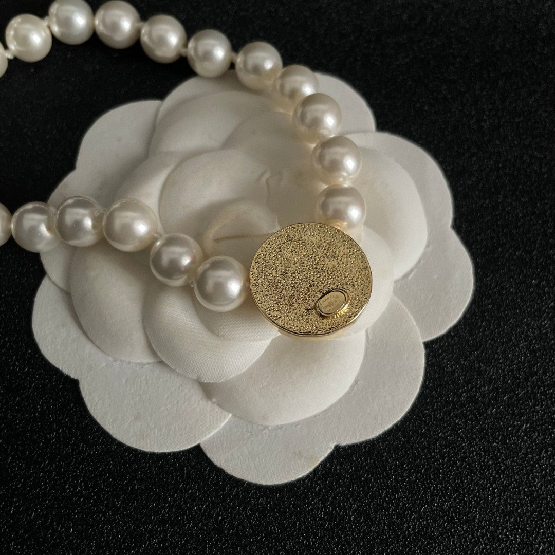 Double-C Emblem Pearl-Detail Pendant Necklace – Pearl Detail – Design 076 front product view