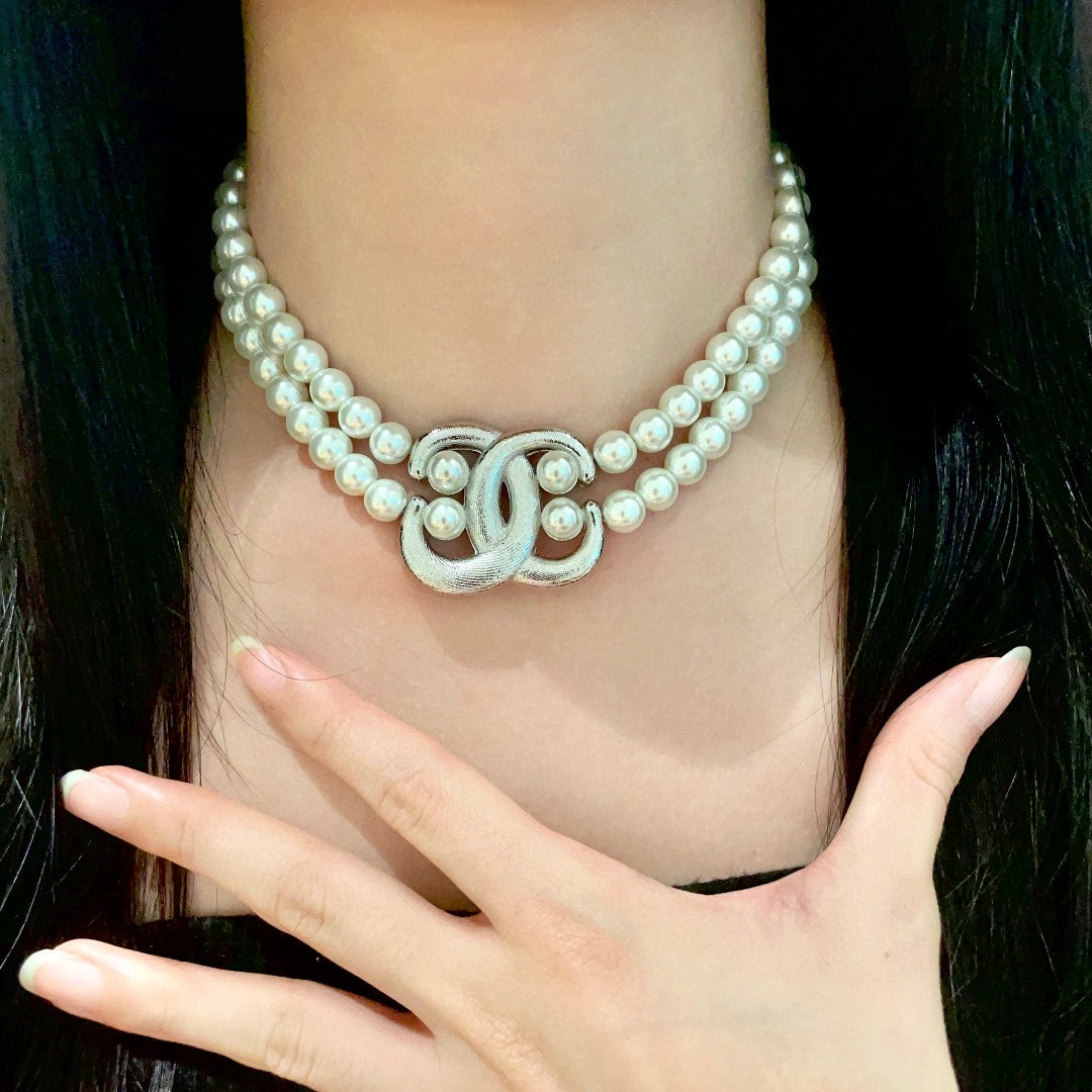 Double-C Emblem Pearl-Detail Pendant Necklace – Pearl Detail – Design 075 front product view