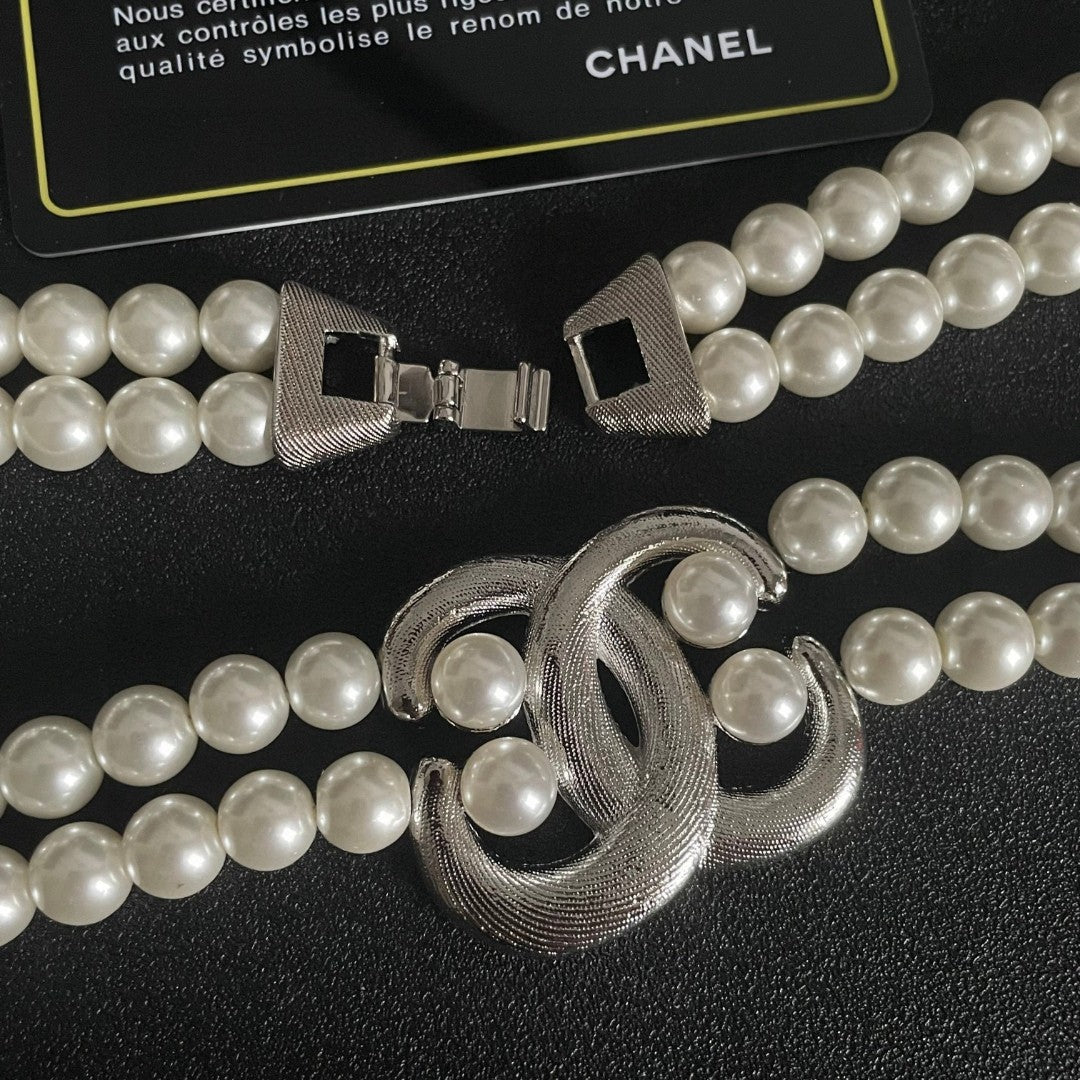 Double-C Emblem Pearl-Detail Pendant Necklace – Pearl Detail – Design 075 main product view