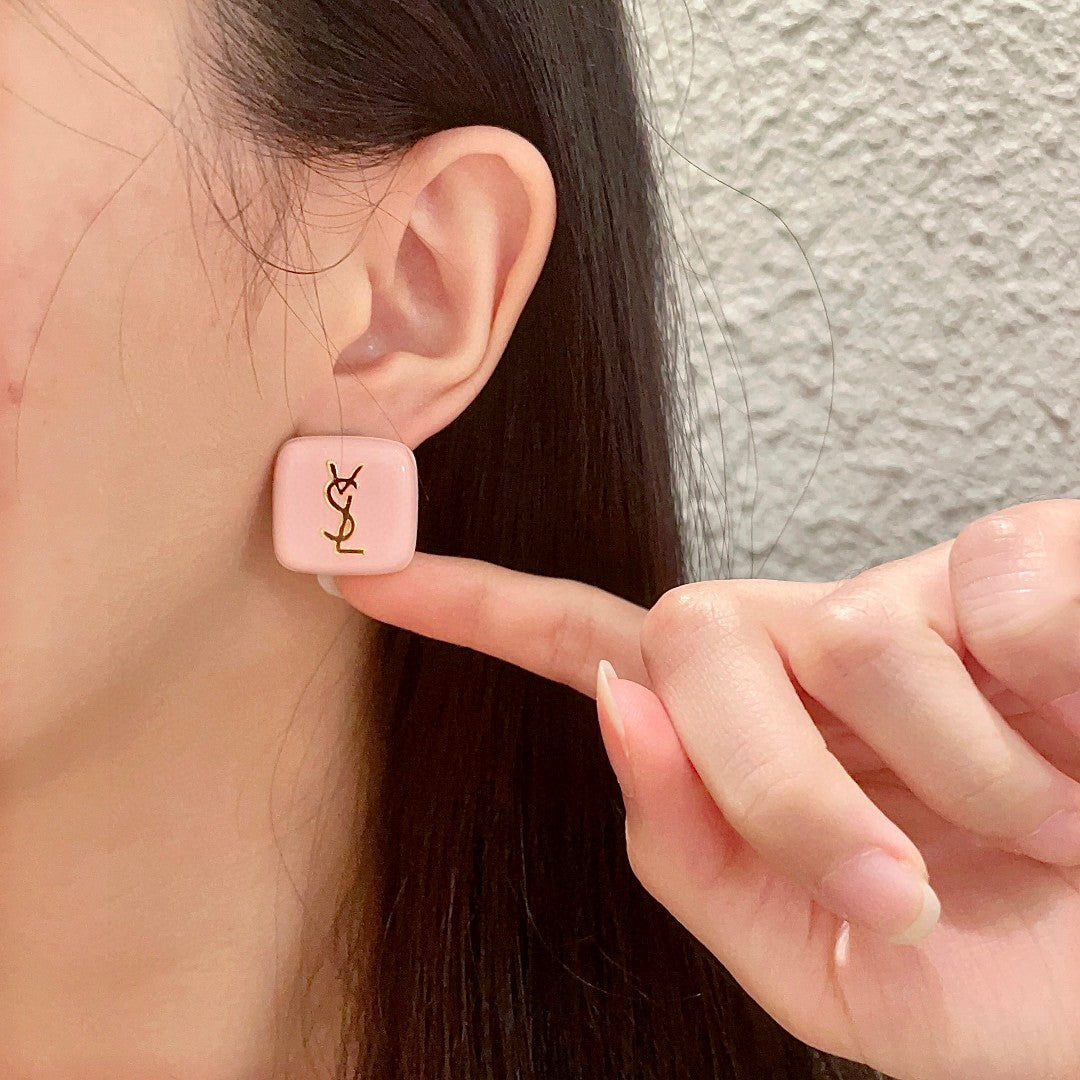 Letter Emblem Stud Earrings in Polished Metal-Tone – Square Detail – Design 002 front product view