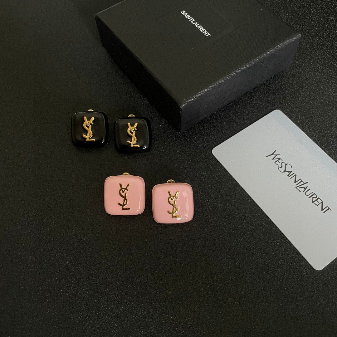 Letter Emblem Stud Earrings in Polished Metal-Tone – Square Detail – Design 002 close-up detail