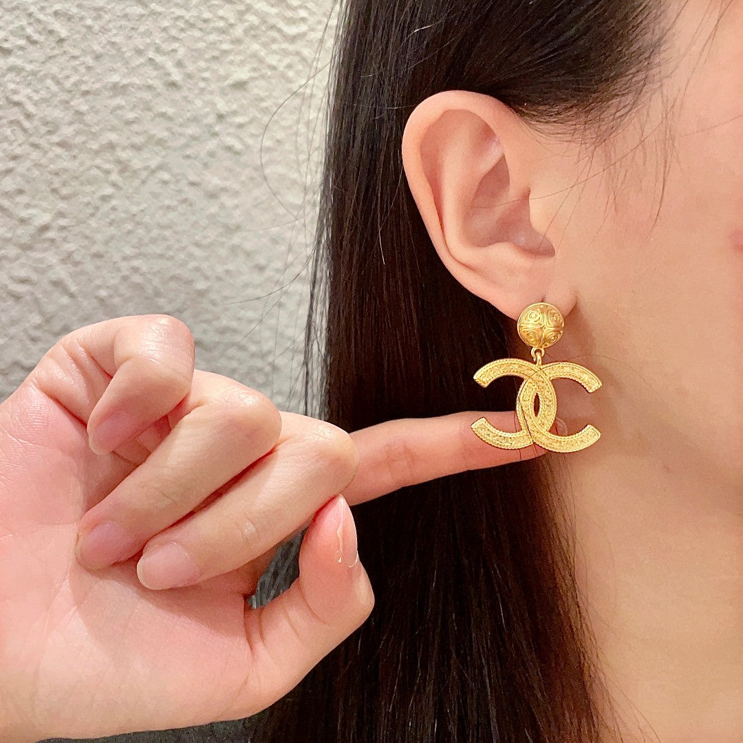 Double-C Emblem Statement Earrings in Polished Metal-Tone – Design 040 front product view