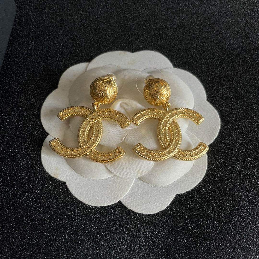 Double-C Emblem Statement Earrings in Polished Metal-Tone – Design 040 front product view