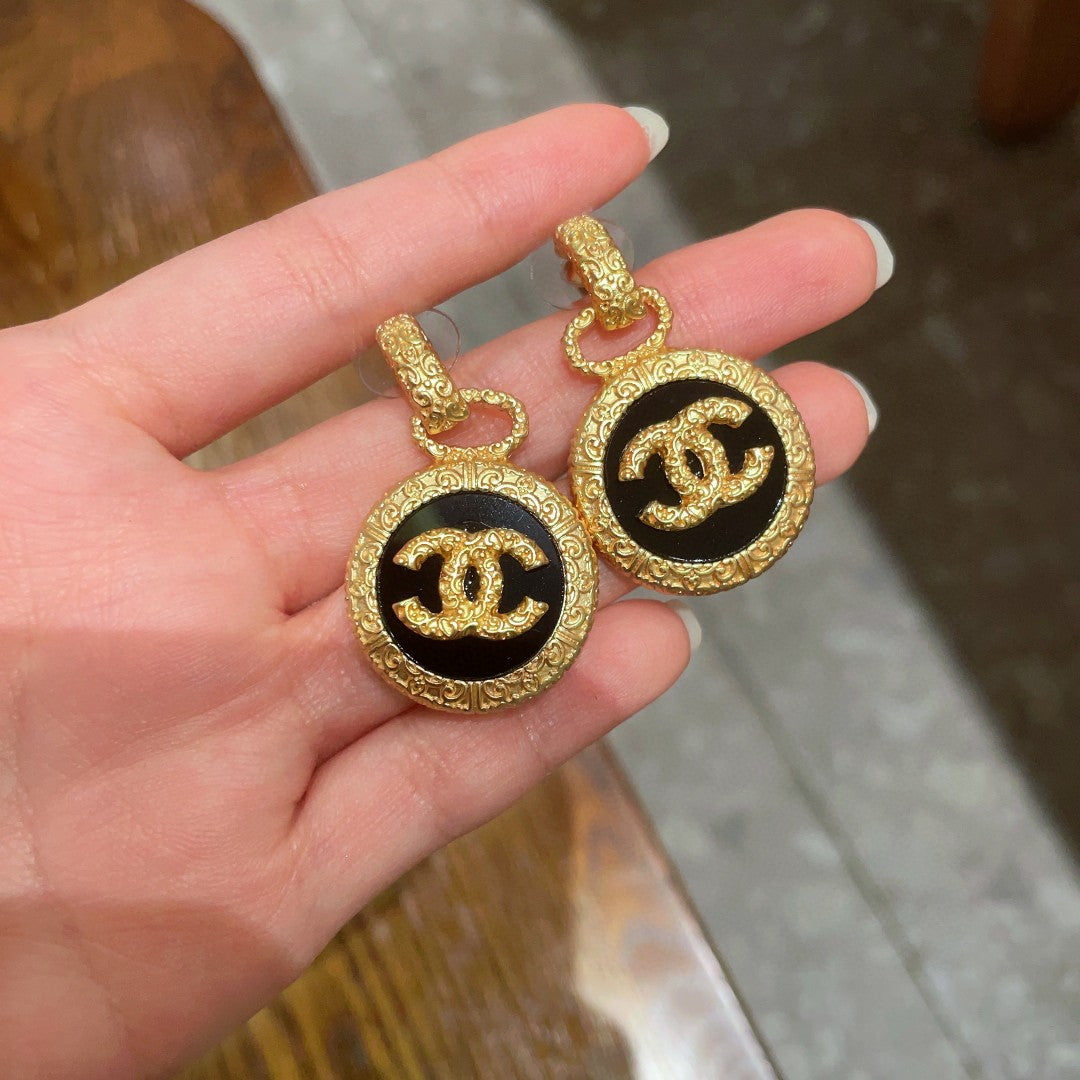 Double-C Emblem Stud Earrings in Polished Metal-Tone – Design 242 side detail