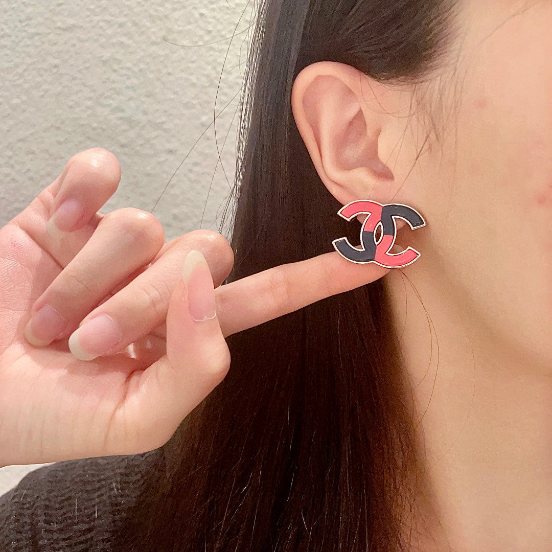 Double-C Emblem Stud Earrings in Polished Metal-Tone – Design 241 front product view
