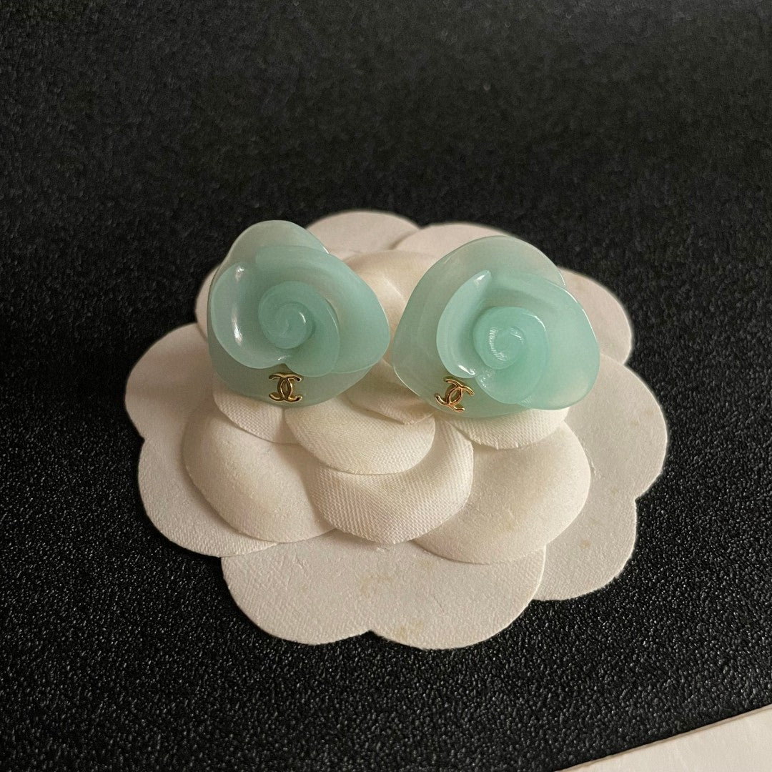 Camellia Stud Earrings in Polished Metal-Tone – Camellia Detail – Design 041 front product view