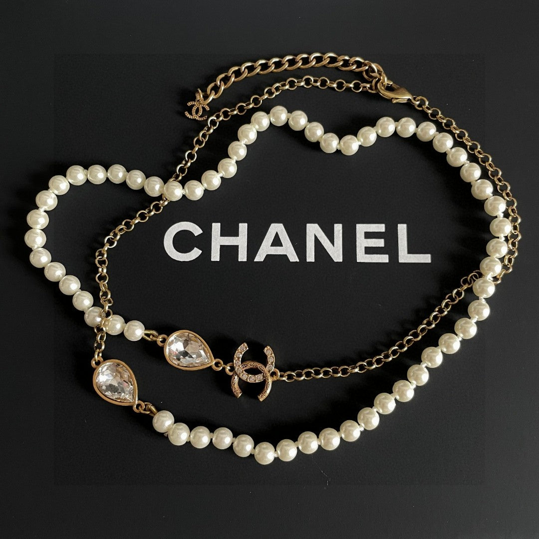 Double-C Emblem Pearl-Detail Pendant Necklace – Pearl Detail – Design 060 styled product view