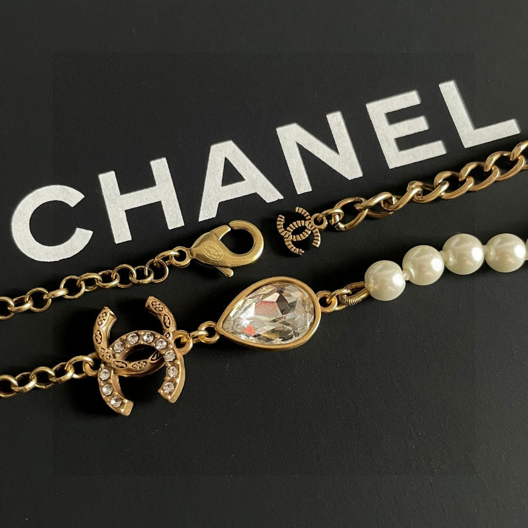 Double-C Emblem Pearl-Detail Pendant Necklace – Pearl Detail – Design 060 front product view