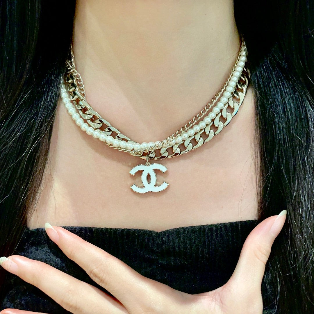 Double-C Emblem Pendant Necklace in Polished Metal-Tone – Design 033 front product view