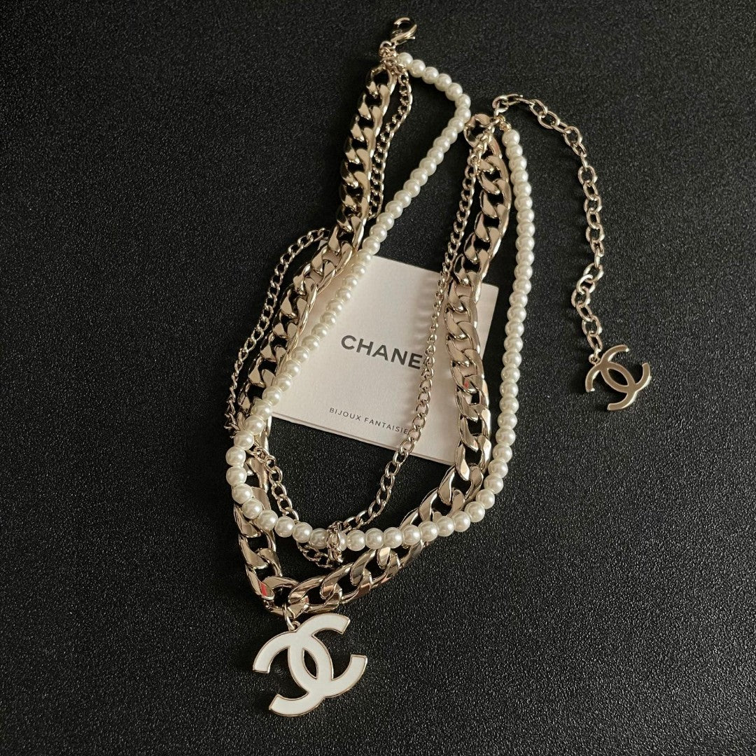 Double-C Emblem Pendant Necklace in Polished Metal-Tone – Design 033 front product view