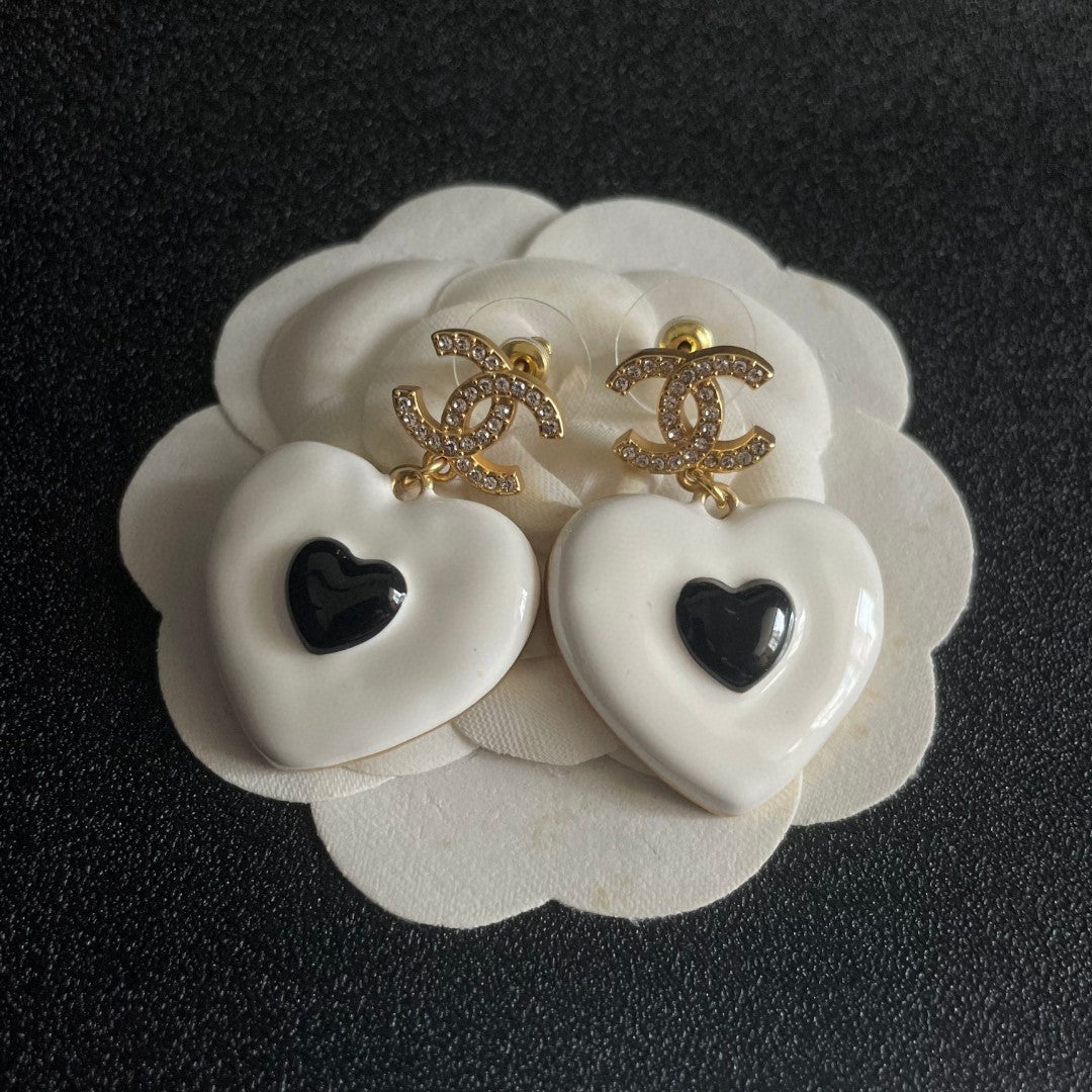 Double-C Emblem Crystal-Accent Statement Earrings – Heart Detail – Design 002 front product view