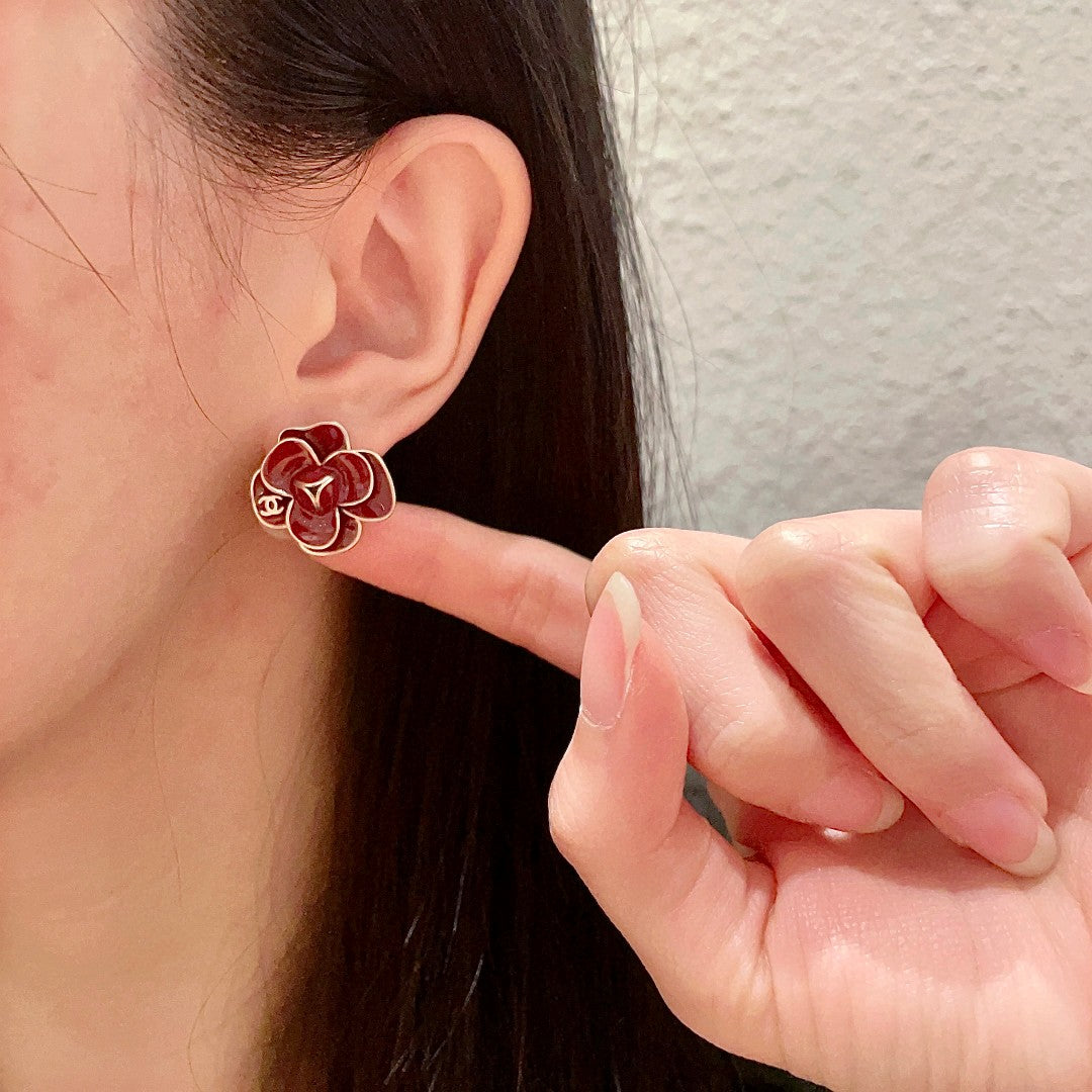 Camellia Stud Earrings in Polished Metal-Tone – Camellia Detail – Design 039 front product view