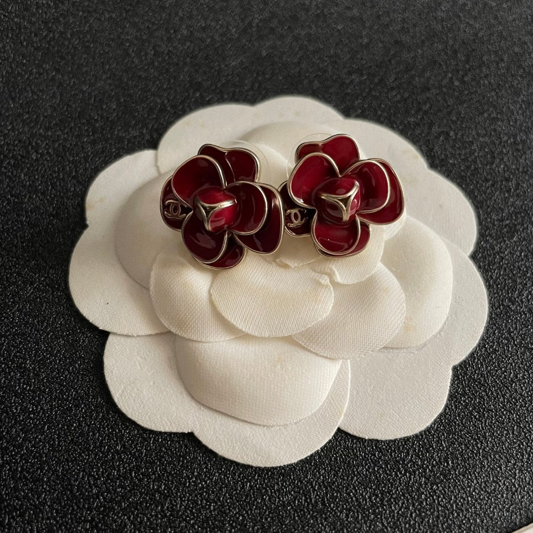 Camellia Stud Earrings in Polished Metal-Tone – Camellia Detail – Design 039 front product view