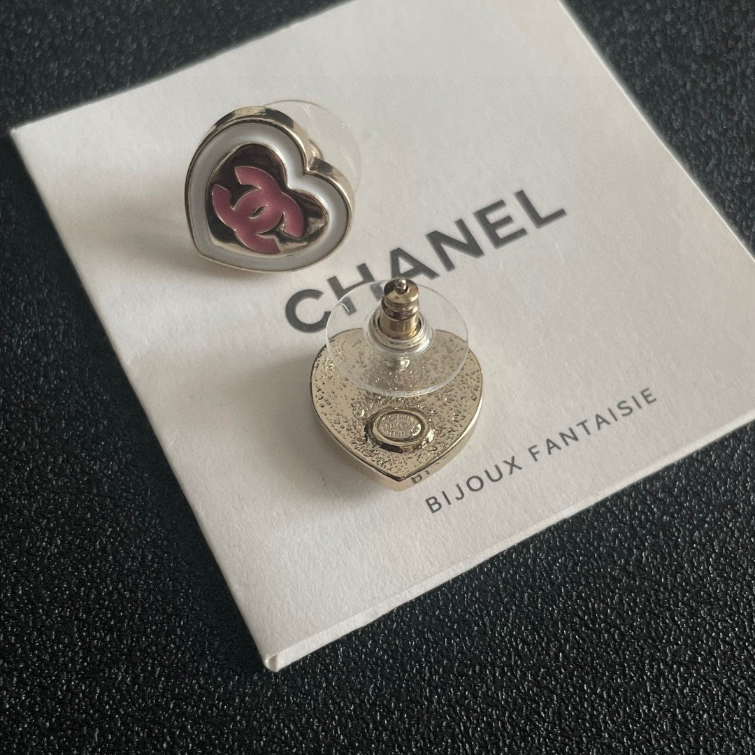 Double-C Emblem Stud Earrings in Polished Metal-Tone – Heart Detail – Design 005 main product view