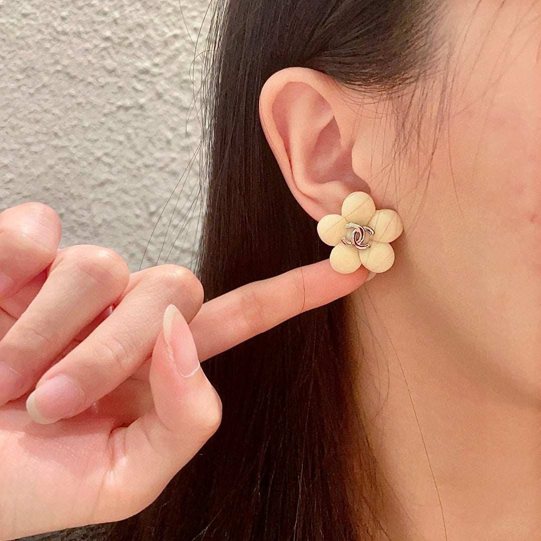 Camellia Stud Earrings in Polished Metal-Tone – Camellia Detail – Design 038 front product view