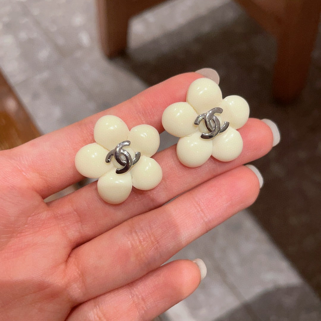 Camellia Stud Earrings in Polished Metal-Tone – Camellia Detail – Design 038 side detail