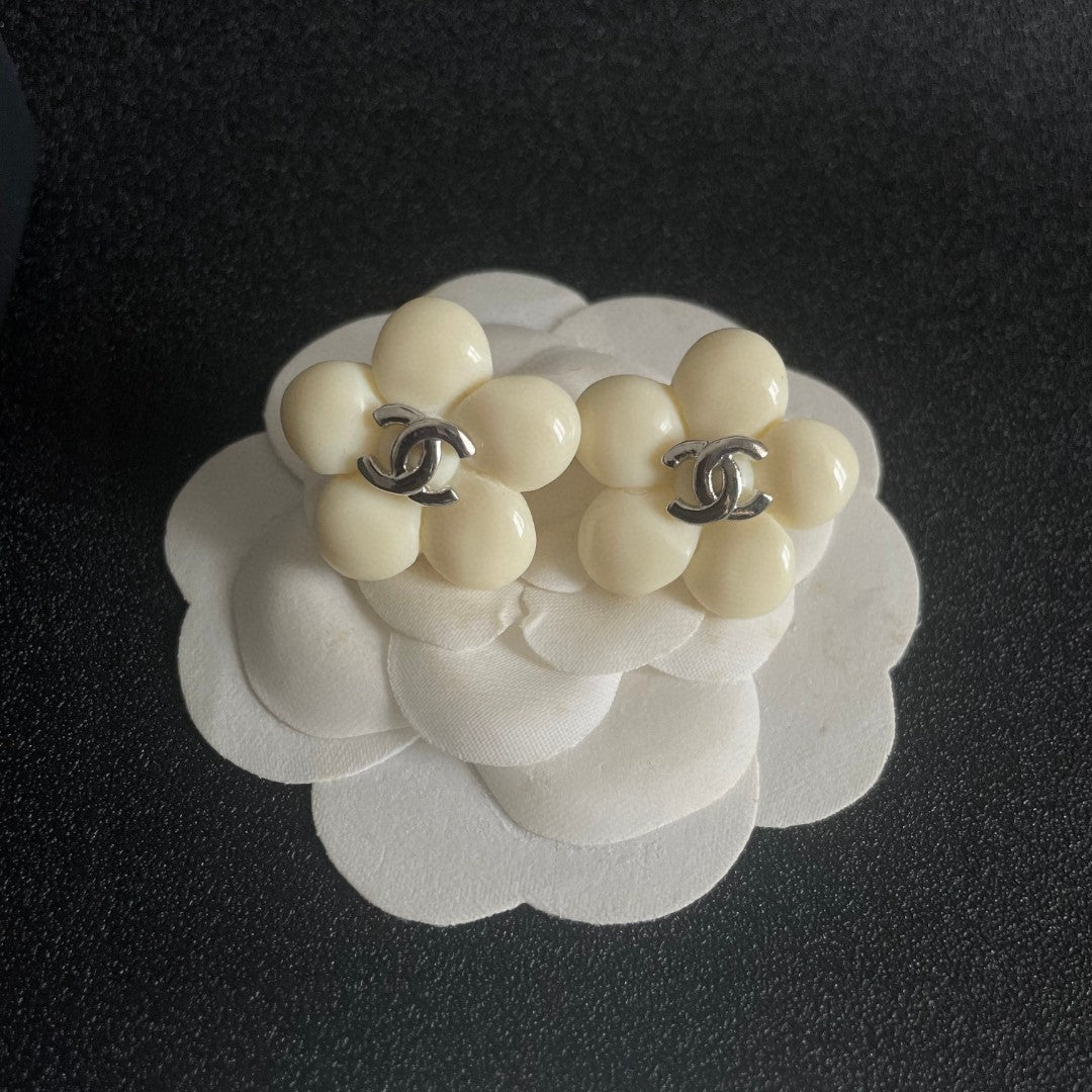 Camellia Stud Earrings in Polished Metal-Tone – Camellia Detail – Design 038 front product view